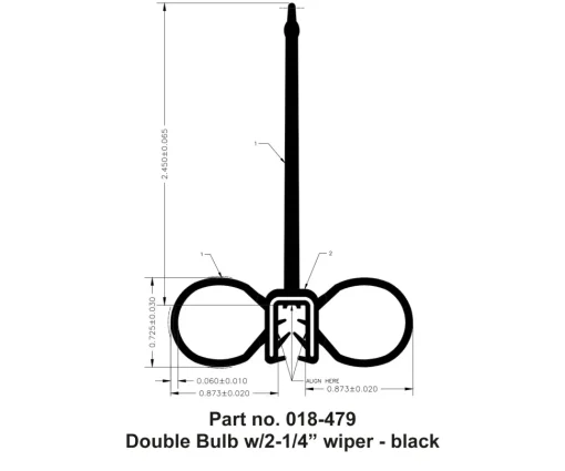 #018-479 – Double Bulb, w/2-1/4″ wiper, 2″ x 3″ x 28′